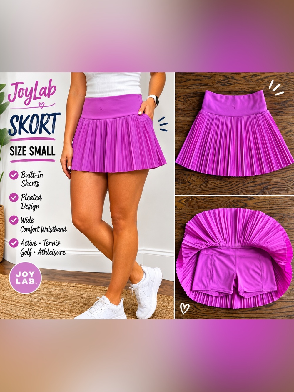 JoyLab Pleated Skater Skirt/ Skort in Vibrant Pink size small Golf Workout
